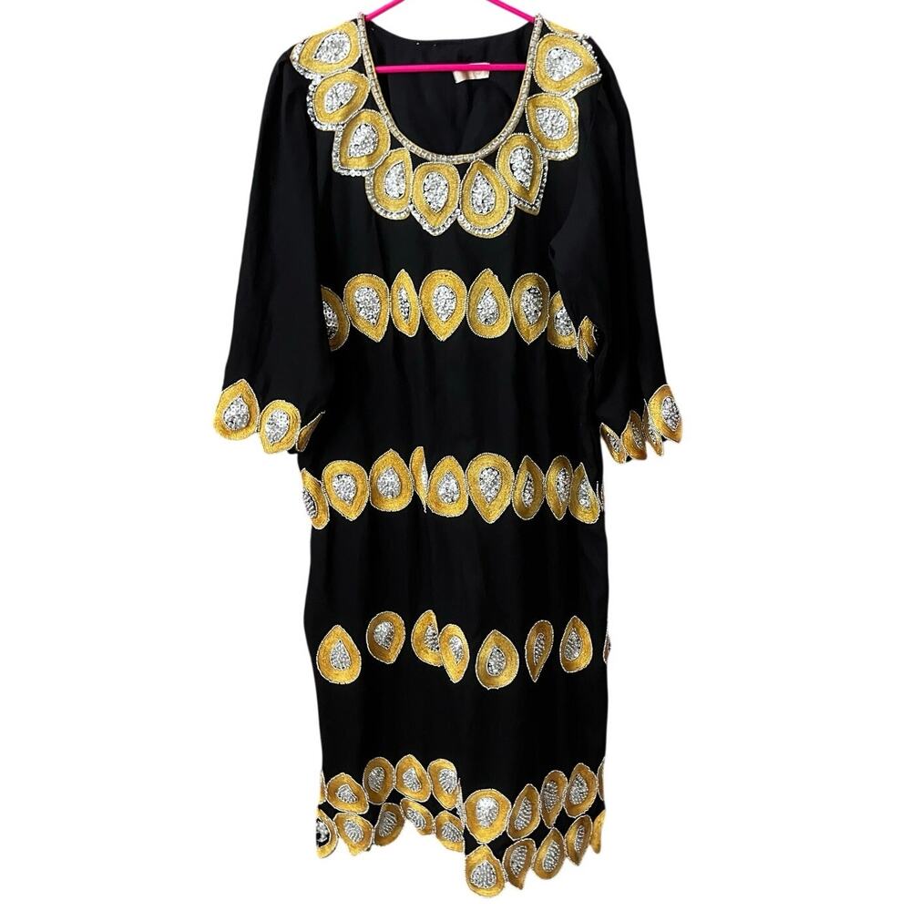 Vintage 70s AdoRRah Designs Black Beaded Sequin Kaftan Maxi Dress Boho Glam Chic